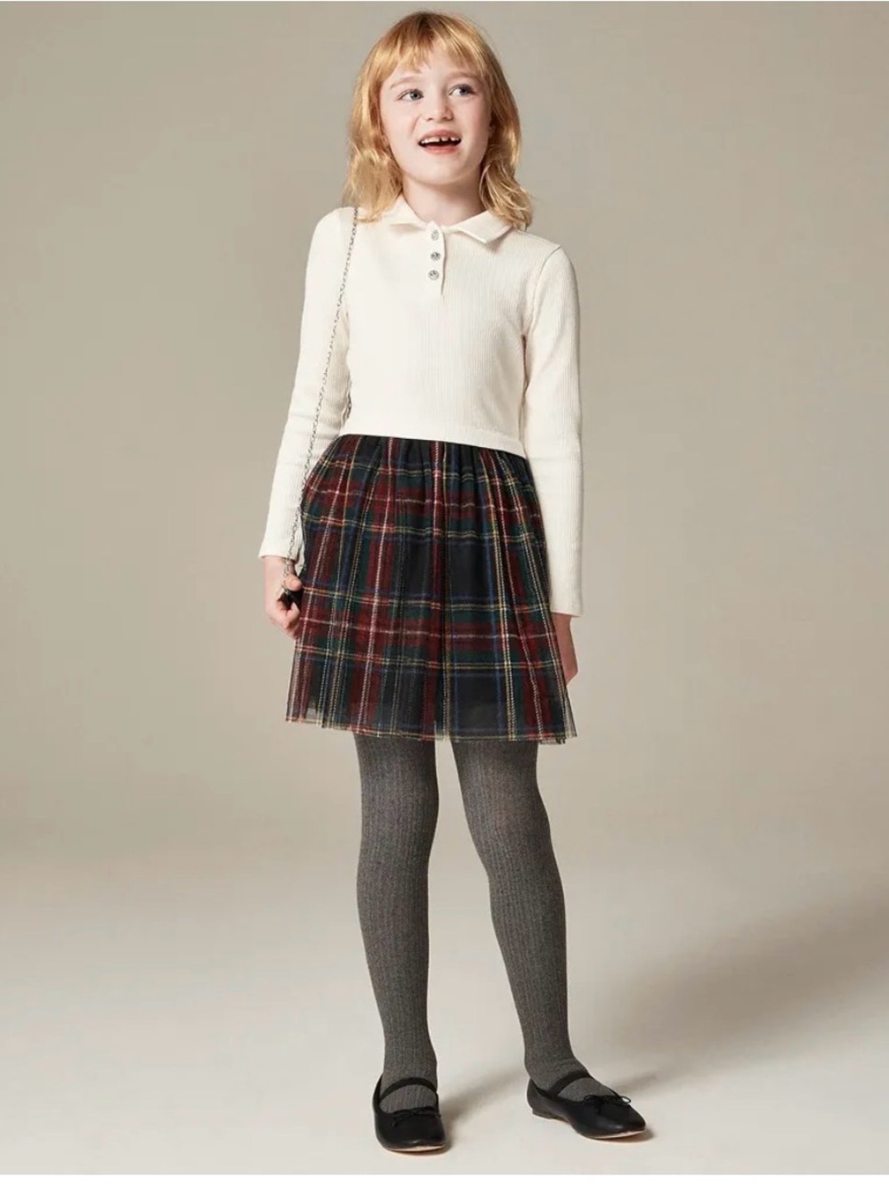 Crewcuts by J.Crew Girls Ribbed Polo & Plaid Tulle Skirt Mixed Media Dress